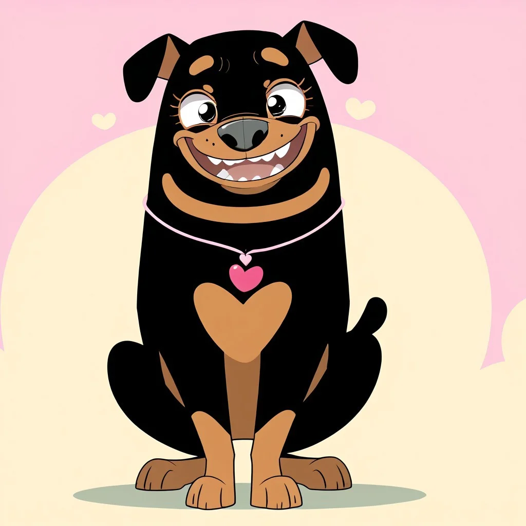 Roxy, Dog, Rottweiler, black and tan fur, gray nose, black eyes, small ears, docked tail, ((((((no neckwear except pink heart necklace)))))) BREAK playful, confident, cheeky, friendly, ((smug)), adorable, loving, expressive eyes, standing, raised right front leg, both back legs on ground, BREAK happy, female, standing, score_9, score_8, score_7, no humans, (((full body))), standing, solo, female, feral, hight definition, no neckwear except pink heart necklace, hyper detailed, best quality, amazing quality, 1girl, cute, cute smile, cute pose, 8k, masterpiece, eyelashes, ((((((half-open eyes)))))), slightly open mouth, smile, looking at viewer, sweety pose <lora:Furry_Enhancer Chroma V1:1>