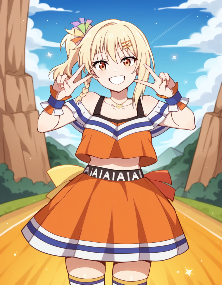 score_9, score_8_up, score_7_up, source_anime, <lora:ai-miyashita-saikou-heart-mv-ponyxl-lora-nochekaiser_r1:1>, ai miyashita, bangs, blonde hair, hair ornament, orange eyes, braid, sidelocks, medium hair, side ponytail, orange eyes, french braid,, skirt, thighhighs, jewelry, collarbone, necklace, off shoulder, tank top, wristband, cheerleader, pom pom (cheerleading), orange skirt, gyaru, heart necklace, canyon, cliffs, desert, rocky, open, smile, v,, looking at viewer, solo,, dutch angle, cowboy shot
