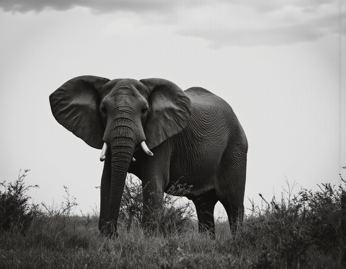 <lora:BWMonochrome:0.85> mono, 8k black and white wildlife image of an elephant standing majestically on the Savannah. Its wrinkled skin is highly detailed, with a focus on the texture and interplay of light and shadow. Sparse vegetation and a distant, cloud-filled sky provide a minimalist backdrop. . 35mm photograph, film, bokeh, professional, 4k, highly detailed