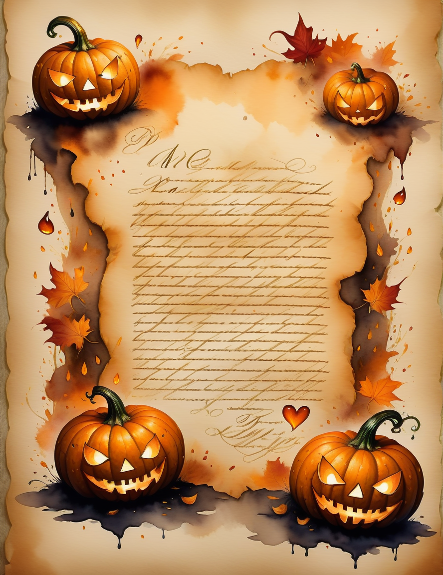 a love letter from a  jack-o'-lantern <lora:SDXLInkStainsFinal:1> Inkstains, high quality, beautiful,  highly detailed, 8k, fantasy