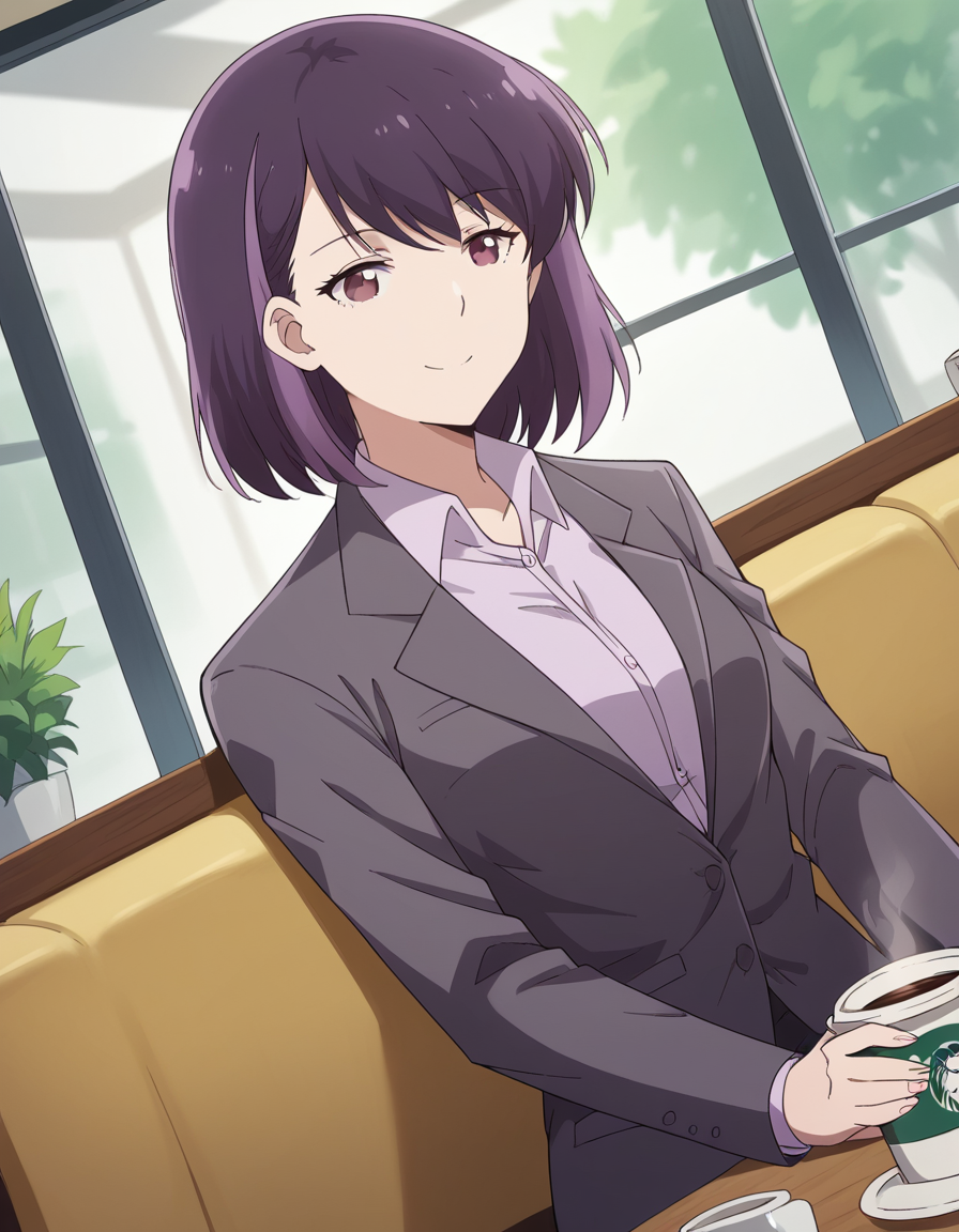 score_9, score_8_up, score_7_up, source_anime, <lora:rika-honjouji-alpha-ponyxl-lora-nochekaiser:1>, rika honjouji, short hair, bangs, purple hair, purple eyes, streaked hair, medium breasts,, shirt, jacket, white shirt, collared shirt, formal, suit, cafe, coffee cup, barista, sitting down, talking, relaxing, sunlight through window, smile, , smile, solo,, cowboy shot, dutch angle,