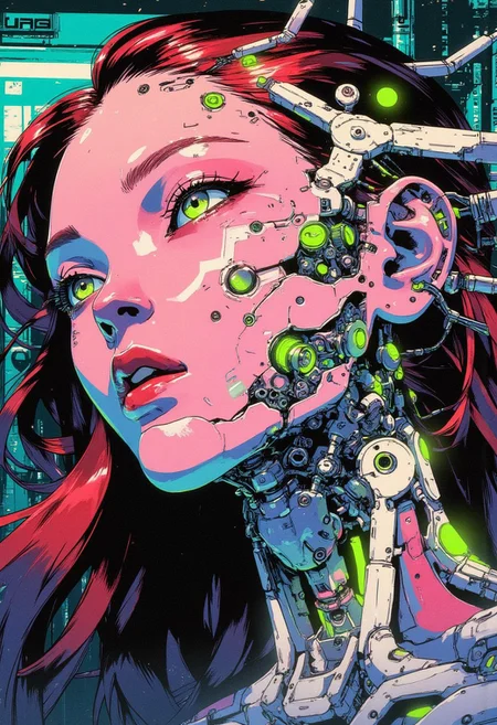 <lora:ck-Goro-Fujita:1>, digital artwork in the style of ckgf, A mesmerizing close-up portrait of an alien woman, her striking features blending extraterrestrial elegance with subtle mechanical elements. Her skin has a smooth, otherworldly texture, adorned with small, organic patterns. Her long, wavy hair cascades around her face, but in the Virtualboy-style palette of red, white, and black. Mechanical elements are seamlessly integrated into her face and neck—sharp, angular pieces emerge like delicate circuitry. The chiaroscuro-inspired lighting brings deep contrast, with bold shadows enhancing her alien beauty. The background features a cyberpunk workshop, and the limited palette emphasize the alien and mechanical features, while a soft green glow outlines parts of her face and hair, creating a futuristic yet nostalgic visual reminiscent of early handheld gaming
<lora:ck-nc-pastel-cyberpunk:0.3>
<lora:ck-MetalGearSolid:0.25>
<lora:RetroAnimeFluxV1:0.25>