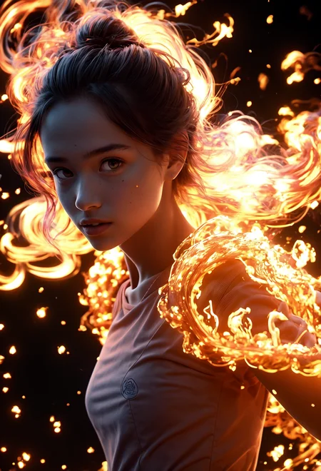 tiny, (young, 19 years old), cute, masterpiece, high quality, HD, cinematic still, , ((cell shading)), vivid colors, ambient lighting, ultra-detailed, illustration, colorful, best quality, highres, best shadow, best illumination, finely detail, 4k, (extremely detailed), (8k wallpaper), (best quality), hard lighting, (tracing), (intense shadows), nude, fire, ash, sparks <lora:FireMan:1.0> outstretched arms