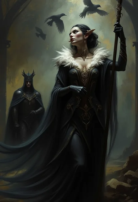 An atmospheric and powerful dark fantasy, natural organic and impressionist classical-style painting of a woman is wearing a black and white costume. She has feathers on her arms and is holding a black pole. There are birds flying above her. There is a man in a black outfit behind her.
