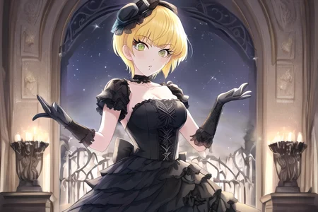Miyamoto Frederica, 1girl, arm up, black bow, black choker, black gloves, blonde hair, blue dress, blue headwear, blush, bow, breasts, choker, cleavage, collarbone, dress, elbow gloves, gloves, green eyes, looking at viewer, medium breasts, parted lips, short hair, sideboob, sky, standing, star (sky), starry sky, strapless, strapless dress
<lora:deresute-000016:1>