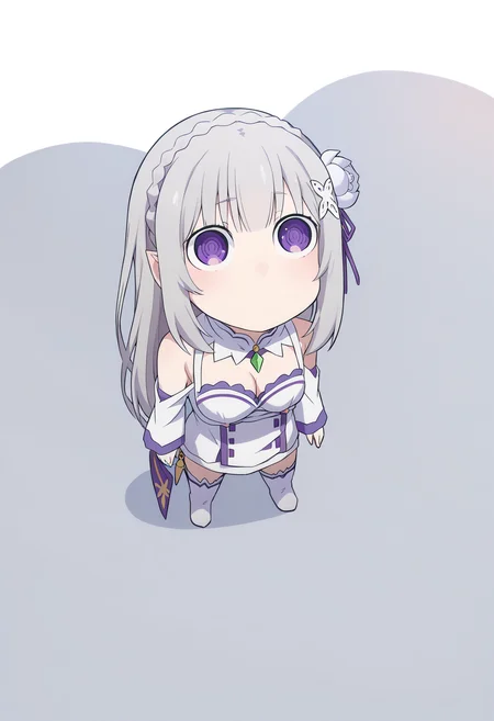score_9, score_8_up, score_7_up, source_anime,
BREAK
1girl, solo,
<lora:shiEmiliaV2:1> shimilia, long hair, grey hair, purple eyes, pointy ears, crown braid, hair flower, hair ribbon, purple ribbon, x hair ornament, white dress, cleavage, bare shoulders, wide sleeves, white thighhighs, thigh boots,
<lora:shiBoobShadowV3:1.0>,
1girl, solo, shingleshadowmeme, meme, wide-eyed, breast shadow, wide-eyed, solid circle eyes, no mouth, closed mouth,
looking up, standing, full body,
simple background, white background, shadow, chibi, meme,