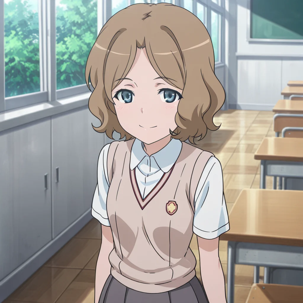 nsfw, masterpiece, best quality, amazing quality, 1girl, solo, index_railgun_wannai_kinuho, standing, smile, blue eyes, brown hair, tokiwadai school uniform, sweater vest, short hair, white shirt, short sleeves, grey skirt, pleated skirt, collared shirt, brown sweater vest, indoor, classroom, looking at viewer, <lora:Wannai_Kinuho_-_Index_Railgun:0.7>