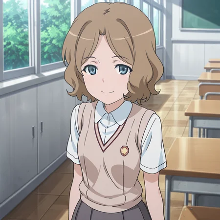 nsfw, masterpiece, best quality, amazing quality, 1girl, solo, index_railgun_wannai_kinuho, standing, smile, blue eyes, brown hair, tokiwadai school uniform, sweater vest, short hair, white shirt, short sleeves, grey skirt, pleated skirt, collared shirt, brown sweater vest, indoor, classroom, looking at viewer, <lora:Wannai_Kinuho_-_Index_Railgun:0.7>