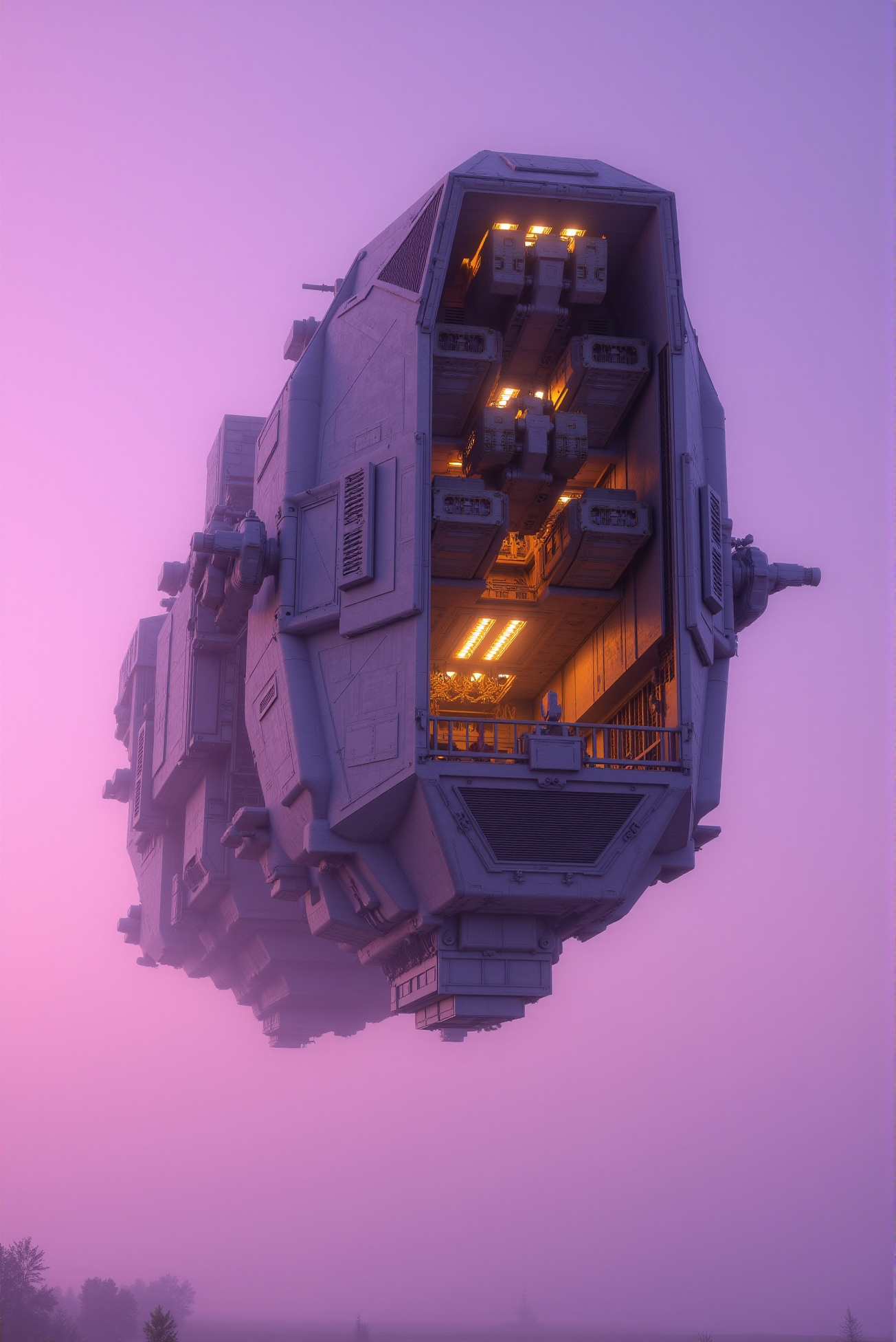 <lora:SpaceCraft_v.5:0.8> SPCCRFT style.
A command-class vertical dropship suspended mid-lift against a hazy lilac atmosphere, designed with an exposed interior hangar glowing with golden utility lights and nested shuttle bays; the main hullâs configuration channels art deco geometry and armored exoskeleton cues, framed by finned stabilizers, external turret tracks, and heat dispersal grills; viewed from a low-angle tilt shot, the glowing interior and extruded landing gear evoke both elegance and technical readiness, while warm diffuse backlighting enhances metallic surface textures and edge reflections.