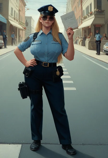 score_9, score_8_up, score_7_up, norman rockwell style, venusbody, 1girl, atsali, very tall, blonde hair, long hair, blue eyes, glasses, round eyewear, huge breasts, policeman's hat, policeman's uniform, blue black belt with pounches, gun holster on hip, outdoors, big city, sidewalk, parking meter, holding a notepad, aviator sunglasses