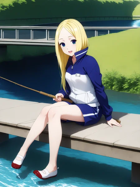 pixiv masterpiece, source_anime, score_9, score_8_up, score_7_up, score_6_up, absurd res, BREAK
<lora:Nino_arakawa_under_the_bridge_illu_v24-000017:1>, nino_arakawa_il, 1girl, solo, tracksuit, number_tag, blue_shorts, looking at viewer, full body, uwabaki_shoes,small breasts, open mouth, sitting, holding fishing rod, water, sunny day, (bridge:0.85),