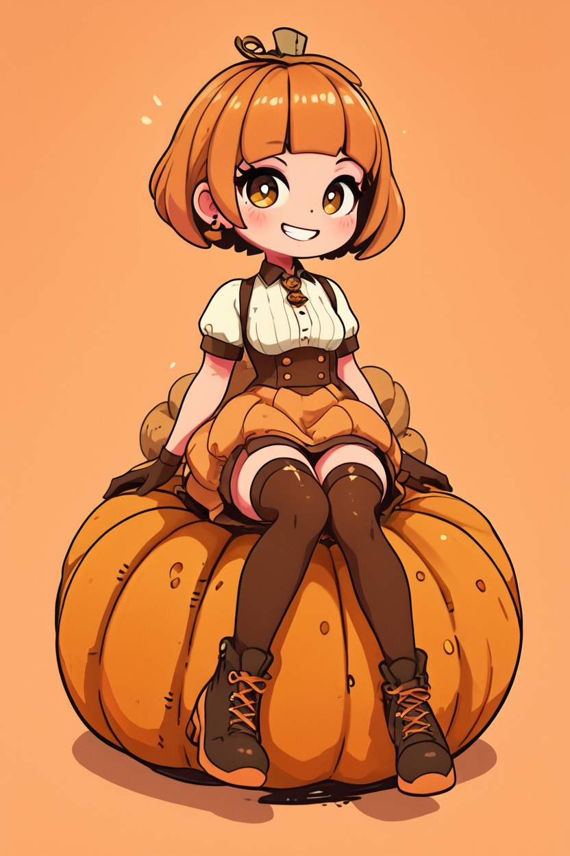 score_9, score_8_up, score_8, medium breasts, (curvy), cute, eyelashes,       BREAK, , ,,, zzPmpknGrl, brown eyes, short hair, brown hair, blunt bangs,  gloves, thighhighs, short sleeves, jack-o'-lantern, pumpkin, shirt, sitting, white shirt, <lora:PumpkinGirl_Masashi_PDXL:0.8>,   ,,, , BREAK, socks, big shoes, ,,, smile, looking at viewer, cowboy shot, ,,, embedding:zPDXL, Expressiveh, ,,, <lora:CuteToonPDXL:1.0>, <lora:SDXLFaeTastic2400:0.5>, <lora:Expressive_H-000001:0.4>,