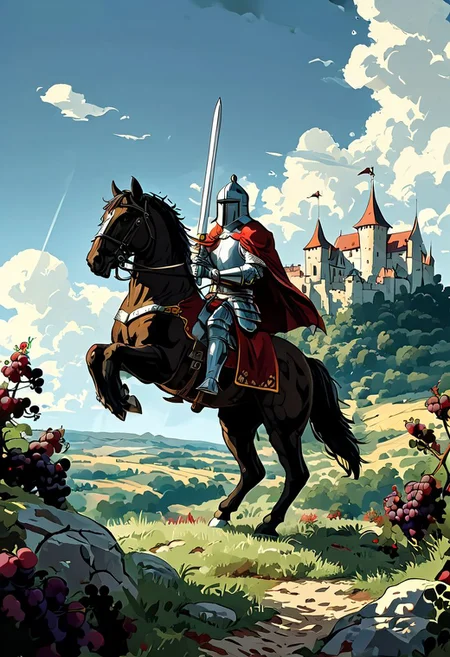 a strong knight is riding his brutal horse, he armes his big sword)), a medieval French chateau + grape hills + sunny day + white clouds; sharp background + sharp foreground +amazing depth +double exposure + perfect balanced + deep fine borders, smooth, educed details, extra digits, strong geometric shapes, masterpiece, rich colors, wide angle view + ultra-wide angle perspective, realistic shadows, center composition + symmetry + balance, high detail face + high detail skin, dynamic pose, sharp focus + reduced details; hot wax pipette + laser sharp pen + abrasive eraser, <lora:Modern_Cartoon_Style:0.4>