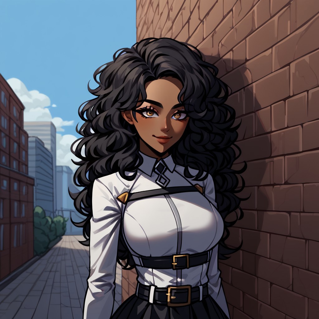 score_9,score_8_up,score_7_up,<lora:anime impasto_pony:1>,1girl, solo, gold_eyes, arms_crossed, looking_at_viewer, black hair, closed_mouth, medium breasts, very_long_hair, ChaldeaUniformFemaleUniform, chaldea uniform, belt, black skirt, black pantyhose, {{{african}}}, outdoors, city, leaning back against wall, waving, smiling, very_dark_skin, wavy_hair, curly_hair, full lips, lip gloss