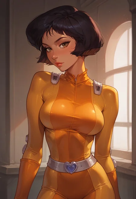 core_9, score_8_up,score_7_up, score_6_up, score_5_up, score_4_up, 1girl, alex \(totally spies\), brown eyes, dark hair,,, narrow waist, large breasts, yellow bodysuit, belt
