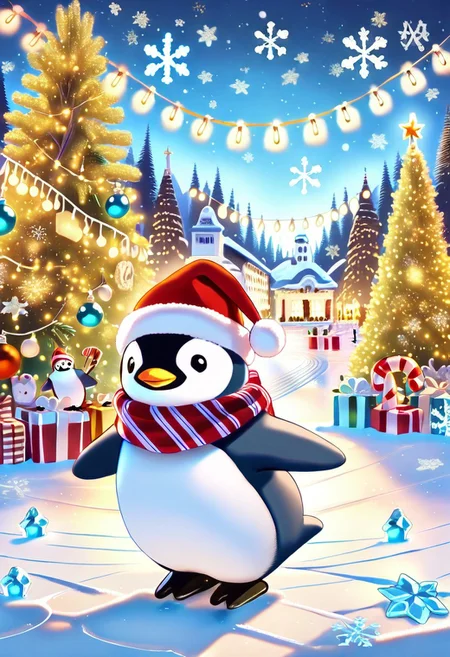 Animal Christmas, masterpiece, best quality, (Penguin in Santa hat, scarf, ice skating on ice ring), Christmas tree, snowflakes, holiday decorations, glowing lantern, candy cane, warm lights, ice backdrop, polar night, cheerful mood, no humans