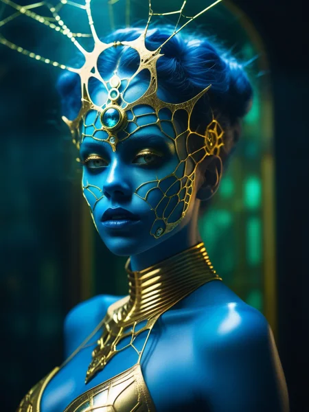 <lora:08SurealismArt_Hap_XL:1>, frida kahlo style, Sexy woman with blue and gold mechanical body, glowing blue face, glowing blue skin, cinematic photography, golden cobweb, majestic, awesome, inspiring, closeup, smooth, atmospheric haze, cinamatic composition, soft shadows, national geographic style, green glow, extremely detailed,
