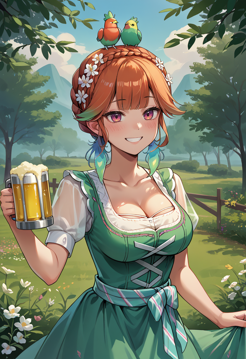 score_9, score_8_up, source_anime, KiaraDirndl, crown braid, head wreath, bird on head, feather earrings, white frilled choker, dirndl, green dress, collarbone, see-through short sleeves, cleavage, aqua waist apron, outdoors, holding beer, smile, :d, drunk, <lora:ChamTakanashiKiaraV2PonyXL:1>