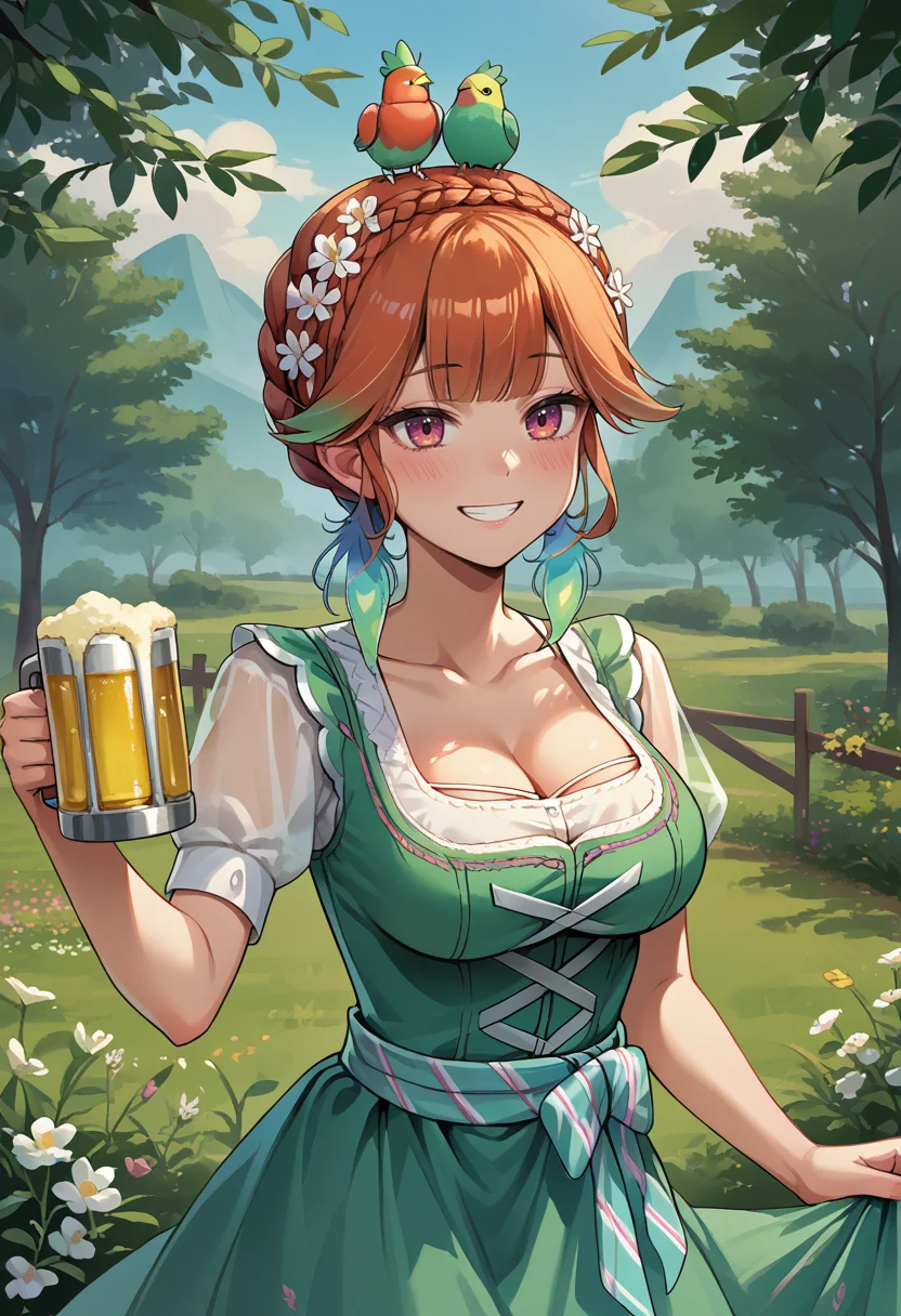 score_9, score_8_up, source_anime, KiaraDirndl, crown braid, head wreath, bird on head, feather earrings, white frilled choker, dirndl, green dress, collarbone, see-through short sleeves, cleavage, aqua waist apron, outdoors, holding beer, smile, :d, drunk, <lora:ChamTakanashiKiaraV2PonyXL:1>