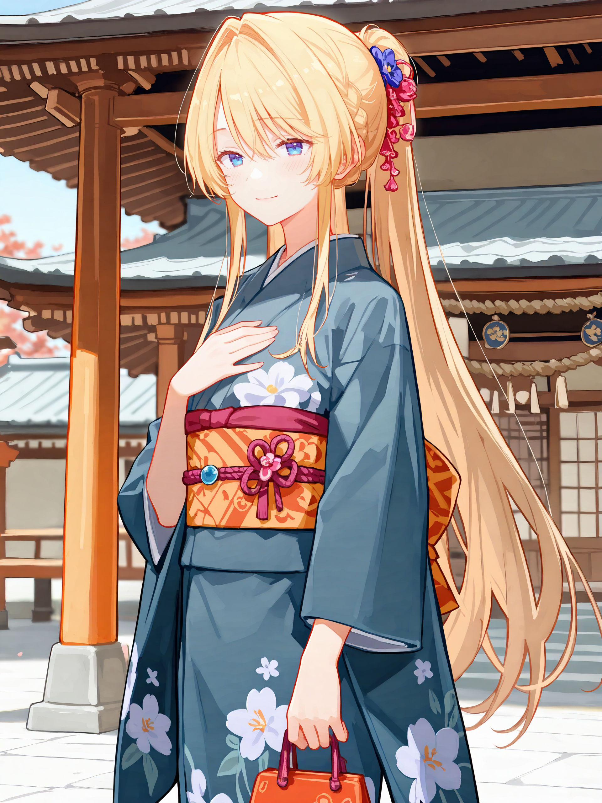 1girl, ouzuka mai, solo, blue eyes, kimono, ponytail, obi, sash, tabi, standing, cowboy shot, hands on own chest, light smile, east asian architecture, outdoors, blurry background, masterpiece ,  <lora:Char-Ouzuka-Mai-V1-IL:0.9>
masterpiece, best quality, amazing quality, very aesthetic, absurdres, (ask \(askzy\), hiten \(hitenkei\):0.7), perfect features, intricate details, ray tracing, <lora:XL-aesthetic_anime:1:hr=0.1>, <lora:XL-detailed_notrigger:1:hr=0.5>