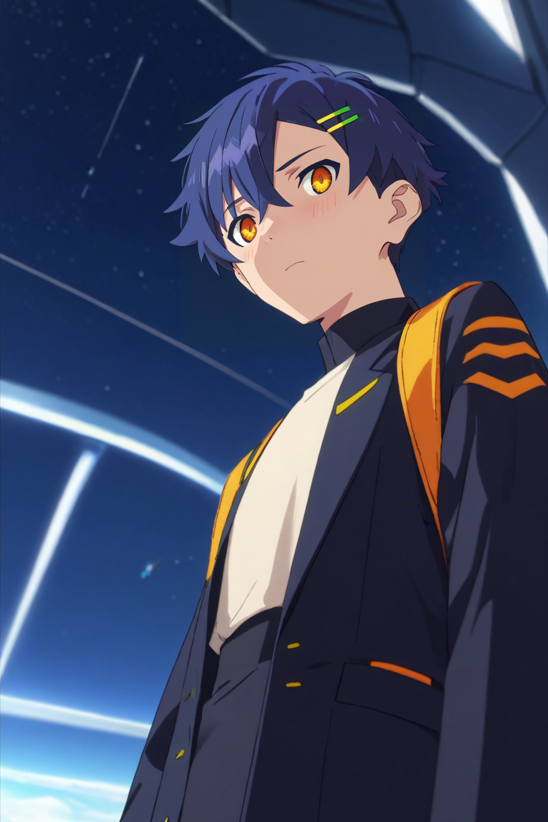 score_9, score_8_up, score_7_up, source_anime, rating_safe, , semi-realistic, looking at viewer, depth of field, 1boy, solo, male focus, <lora:yomogi_asanaka_pony:0.94>, yomogi_asanaka, blue hair, orange eyes, short hair, bangs, hair between eyes, hairclip, hair ornament, , from below, spaceship, light, legs together, shy, blush, thief costume, <lora:sdxl_lightning_8step_lora:1>