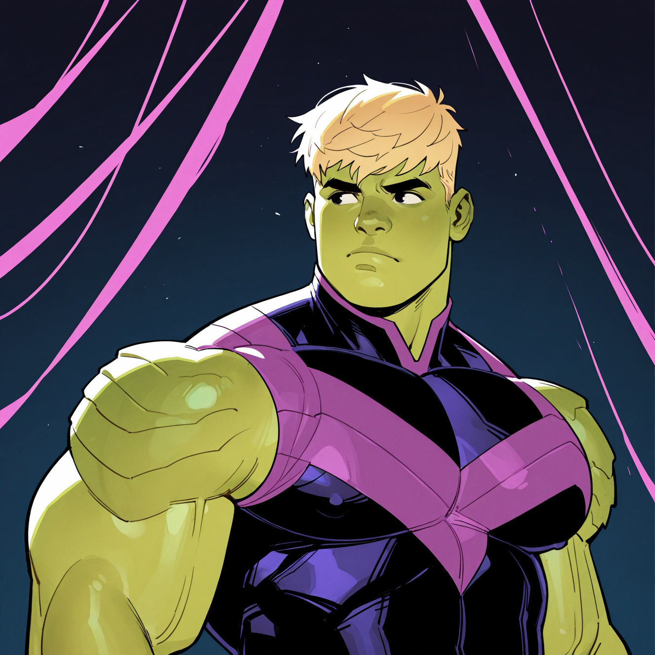 <lora:HULKLING:1>
hulkling, solo, short hair, blonde hair, 1boy, closed mouth, upper body, male focus, looking to the side, muscular, colored skin, bodysuit, frown, thick eyebrows, muscular male, pectorals, clenched hand, serious, green skin, animification, superhero, alien, purple bodysuit, bara, large pectorals, meme, black bodysuit, biceps
, motion blur, film grain, abstract, natural lighting, tilted angle, fantasy, cinematic, dynamic view, very awa, masterpiece, best quality, absurdres, newest, perfect quality, detailed background, intricate details, (artist:fl \(l-fl\):0.7), (artist:tooboshoo:0.7), (artist:dizdoodz:0.8)