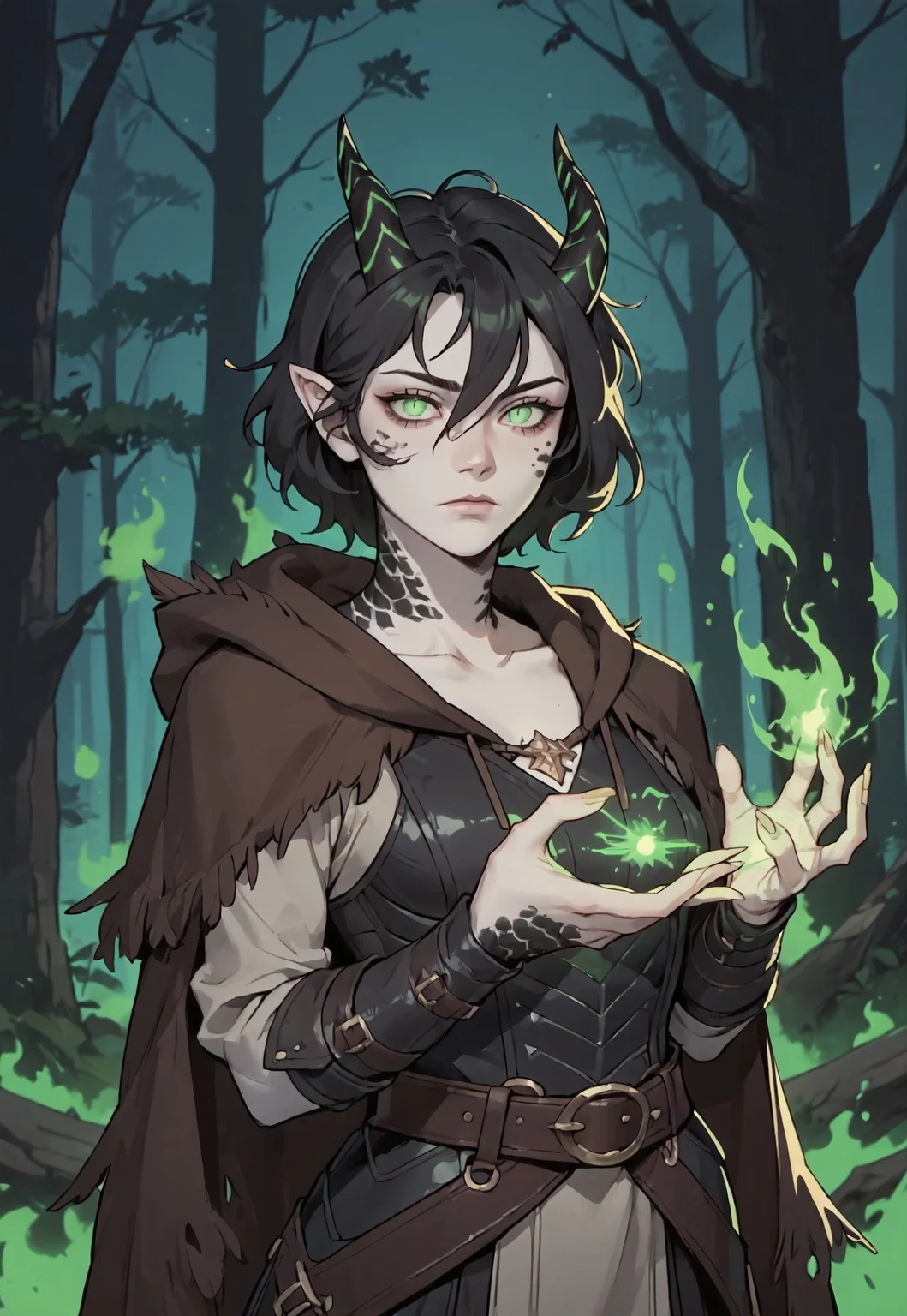 safe_pos, ((zPDXL3)), score_9, score_8_up, score_7_up, score_6_up, score_5_up, score_4_up,
1girl, solo, Adult Woman, Slender Build, pale skin, short hair, wild hair, hair between eyes, looking at viewer, pale green eyes, slit pupils, black pupils, plain expression, medium breast, black hair, (extremely detailed face and eyes), closed mouth, collarbone, outdoors, tree, night, nature, leather armor, forest, in tree, hood, fur cloak, horns, neck scales, sholder scales, casting spell, green energy, green ball, glowing green fire, black scales, black dragon, dragon girl,