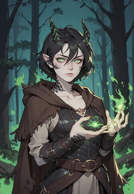 safe_pos, ((zPDXL3)), score_9, score_8_up, score_7_up, score_6_up, score_5_up, score_4_up,
1girl, solo, Adult Woman, Slender Build, pale skin, short hair, wild hair, hair between eyes, looking at viewer, pale green eyes, slit pupils, black pupils, plain expression, medium breast, black hair, (extremely detailed face and eyes), closed mouth, collarbone, outdoors, tree, night, nature, leather armor, forest, in tree, hood, fur cloak, horns, neck scales, sholder scales, casting spell, green energy, green ball, glowing green fire, black scales, black dragon, dragon girl,