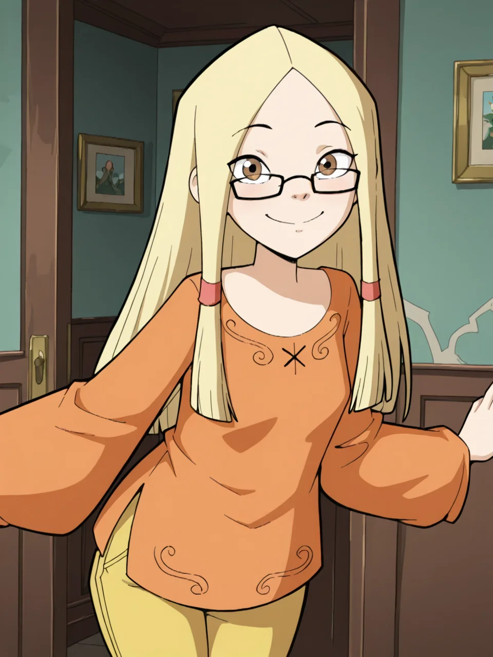 (masterpiece,best quality,newest,absurdres,highres), Gr3taBarrym0re, 1girl, solo, long hair, blonde hair, glasses, orange shirt, long sleeves, yellow capri pants, smile, looking at viewer <lora:Greta_Barrymore_IllustriousXL:1>