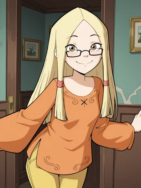 (masterpiece,best quality,newest,absurdres,highres), Gr3taBarrym0re, 1girl, solo, long hair, blonde hair, glasses, orange shirt, long sleeves, yellow capri pants, smile, looking at viewer <lora:Greta_Barrymore_IllustriousXL:1>