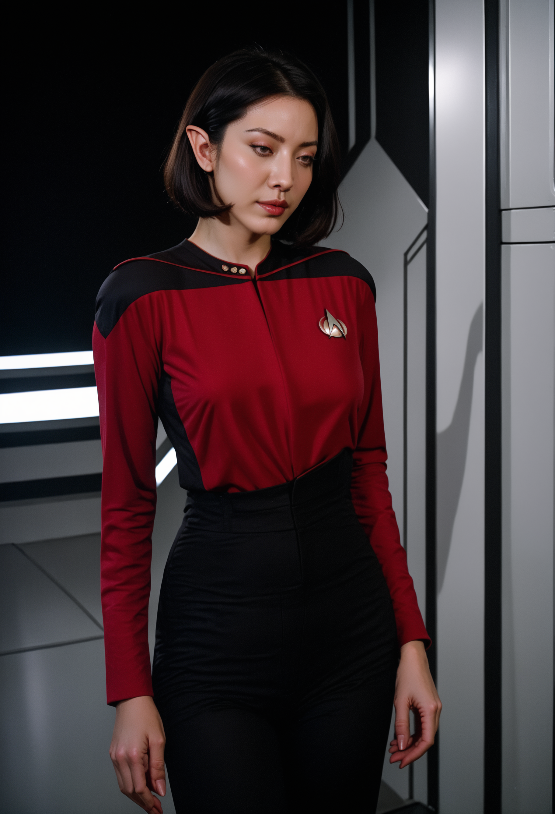 score_9, score_8_up, score_7_up, score_6_up, score_5_up, score_4_up, realistic,3d,photo,film grain,woman,space station interrior,black hair,bobcut,short bob,elf ears,vulcan,
sttng1,star trek red uniform,black shoulders,black pants,long sleeves
,<lora:TNGS1-000030>