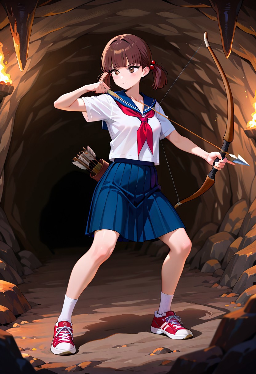 masterpiece, best quality, absurdres, 1girl, solo, female focus, rinko_inh, brown hair, short twintails, low twintails, hair bobbles, blunt bangs, small breasts, serafuku, sailor collar, blue sailor collar, neckerchief, red neckerchief, white shirt, short sleeves, blue skirt, pleated skirt, white socks, socks, sneakers, red footwear, full body, cave, underground, mine (place), holding bow (weapon), quiver, fighting stance, determined expression, standing,