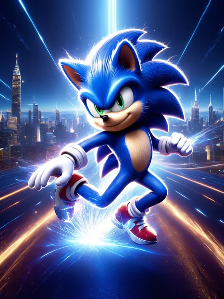 A stunning 3D render of Sonic the Hedgehog in action, showcasing his heroic side. He is wearing his iconic blue outfit with white shoes and has a determined expression on his face. Sonic is seen running with his arms outstretched, creating a trail of sparkles as he moves. The background features a futuristic cityscape with colorful lights, giving off a neon vibe., 3d render
<lora:grainy-v1:0.9>