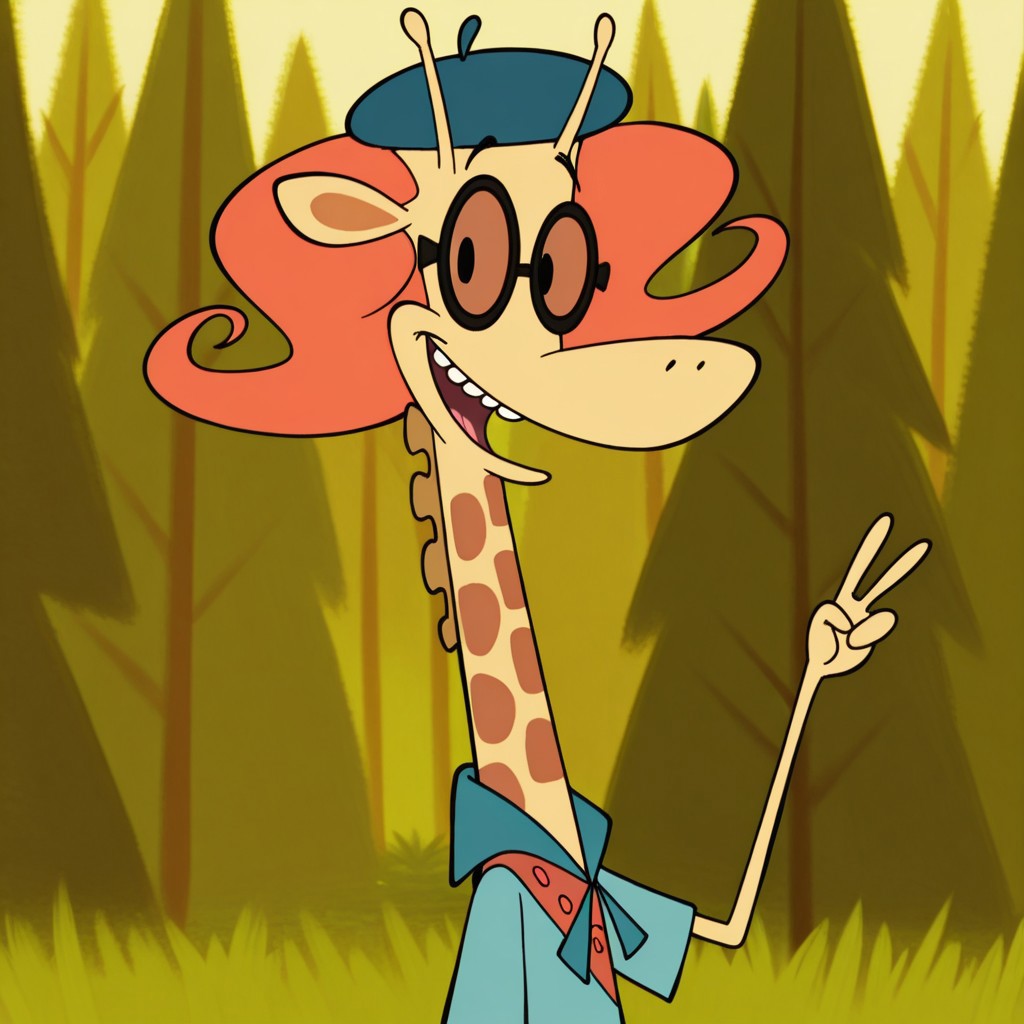 8k, uncensored, masterpiece, best quality, highly detailed, realistic, 1girl, solo, NinaCL, furry, anthro, female furry, giraffe, orange hair, black glasses, brown lens, black eyes, black eyebrows, thin eyebrows, yellow body, brown spots, smile, teeth, open mouth, dark-blue beret, blue topwear, scout outfit, (looking at viewer, standing, grass, forest, trees, side view, detailed background, flat chested, close-up, upper body, brown inner ear, long neck, wide eyes, peace sign, 4 fingers, skinny arms