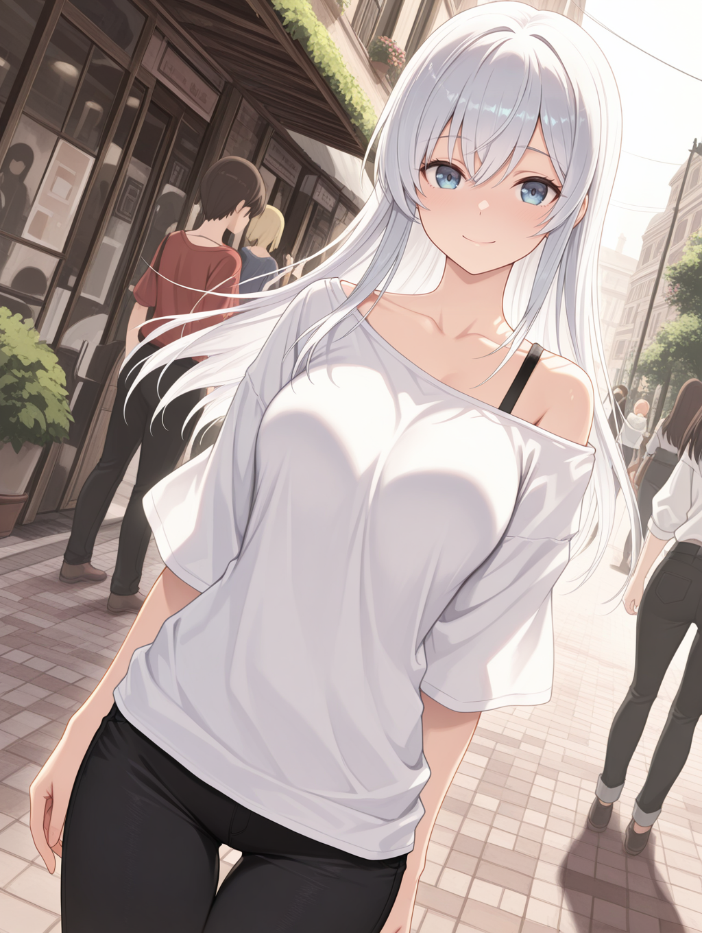 edelweiss, black pants, smile, looking at viewer, thigh gap, outdoors, multiple girls, collarbone, standing, white off-shoulder shirt, dutch angle, black bra strap, solo focus, closed mouth, 1girl, medium breasts, white hair,
masterpiece,best quality,amazing quality,very aesthetic,absurdres,newest,<lora:Edelweiss illuXL v1:0.75>,