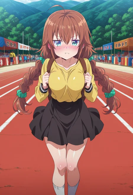 anime screencap, anime coloring, anime colored background, detailed background, detailed face, shiny skin, shiny hair, absurdes, highres, dynamic pose, masterpiece, best quality, official art, cel shaded, graphic illustration, digital painting, CGI, very detailed, amazing quality, intricate details, dynamic pose, HDR, UHD, 8K, Fineline illustration, Highly detailed, ultra-fine painting, sharp focus, Professional, Vivid Colors
BREAK
<lora:Sutea_Koroya:1>, Sutea Koroya, 1girl, solo, fang, long hair, brown hair, hair between eyes, bangs, twin braids, hair scrunchie, green scrunchie, sidelocks, ahoge, blue eyes, medium breasts, yellow shirt, black skirt, white socks, shoes, backpack, standing, pout, nose blush, legs together
BREAK
outside, school festival, daytime, <lora:hand 5.5:1> <lora:DetailedEyes_V3:1> <lora:add-detail-xl:1>