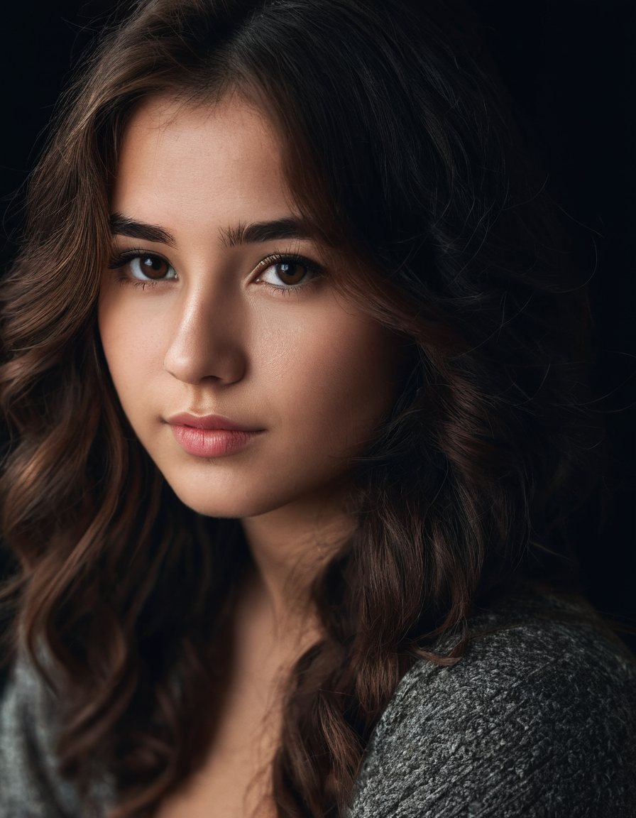dark shot, photo of a cute 24 y.o woman, perfect eyes, natural skin, skin moles, looks at viewer, cinematic shot
