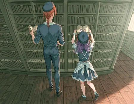 masterpiece, amazing quality, high resolution, 4ldehyde, 2 people, aged down, flat chest, 1 girl, Rub3rry, long hair, double ahoge, braid,red hair, blue eyes, devil horns, , magic school uniform, 1 man, V41n, 1 man, tattoo under eye, purple hair, crest tattoo, braid, hat, aristocrat uniform, bookshelf, man picking up book from high shelf, arms raised, girl reaching for book, back view, full body, far view, size difference