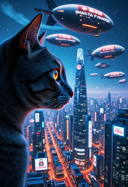 extreme close up a cat's beautiful eye reflecting the view outside the window the cat is looking out of,  the cat is looking out of over a futuristic Tokyo skyline at night from a very high level, the skyline is with futuristic skyscrapers and futuristic transports and airships in a variety shapes and sizes, the airships covered with lights and advertisements in Japanese,  reflecting in the cat's eye is a huge airship that has an advertisement with a maneki neko on the side,