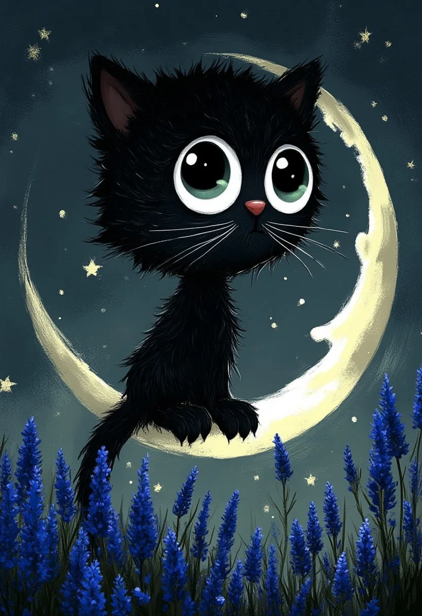 A whimsical illustration of a lanky black cat with a gigantic head in dark whimsical art style, perched on a crescent moon, surrounded by floating star particles and blue cornflowers, digital painting with ethereal brushstrokes showing spiky fur texture, starlit night sky background, characteristic Tim Burton inspired design with massive luminous amber eyes that reflect the cosmos