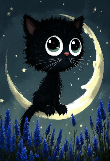 A whimsical illustration of a lanky black cat with a gigantic head in dark whimsical art style, perched on a crescent moon, surrounded by floating star particles and blue cornflowers, digital painting with ethereal brushstrokes showing spiky fur texture, starlit night sky background, characteristic Tim Burton inspired design with massive luminous amber eyes that reflect the cosmos