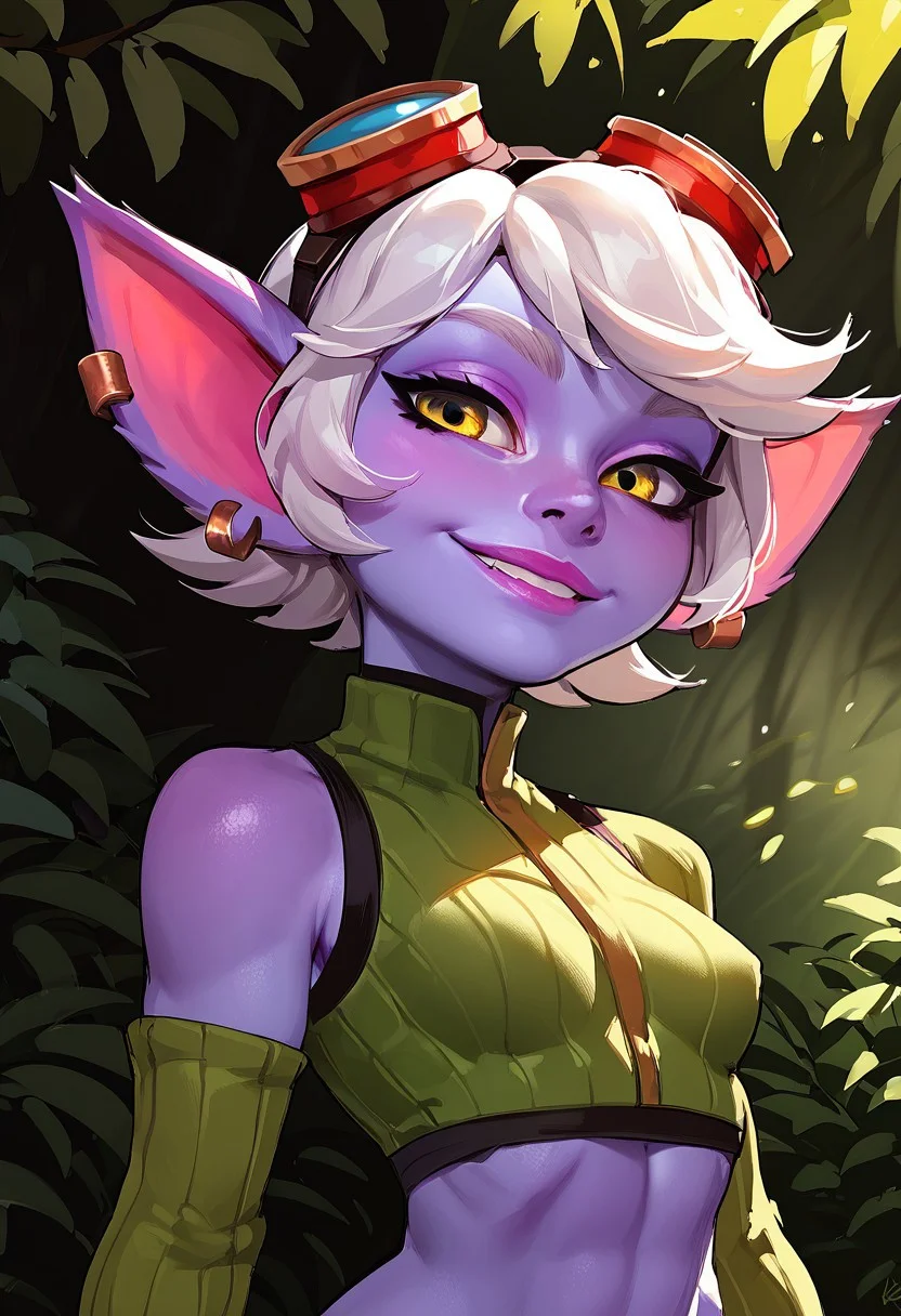 score_9, score_8_up, score_7_up, score_6_up, score_5_up, score_4_up, TristanaLoLXL, yordle, yellow eyes, pointy ears, white hair, short hair, earrings, googles on head, purple skin, colored skin. small breasts, green crop top, arm sleeves, (portrait shot, upper body), seductive smile, forest, tree <lora:TristanaLoLXL:0.7>