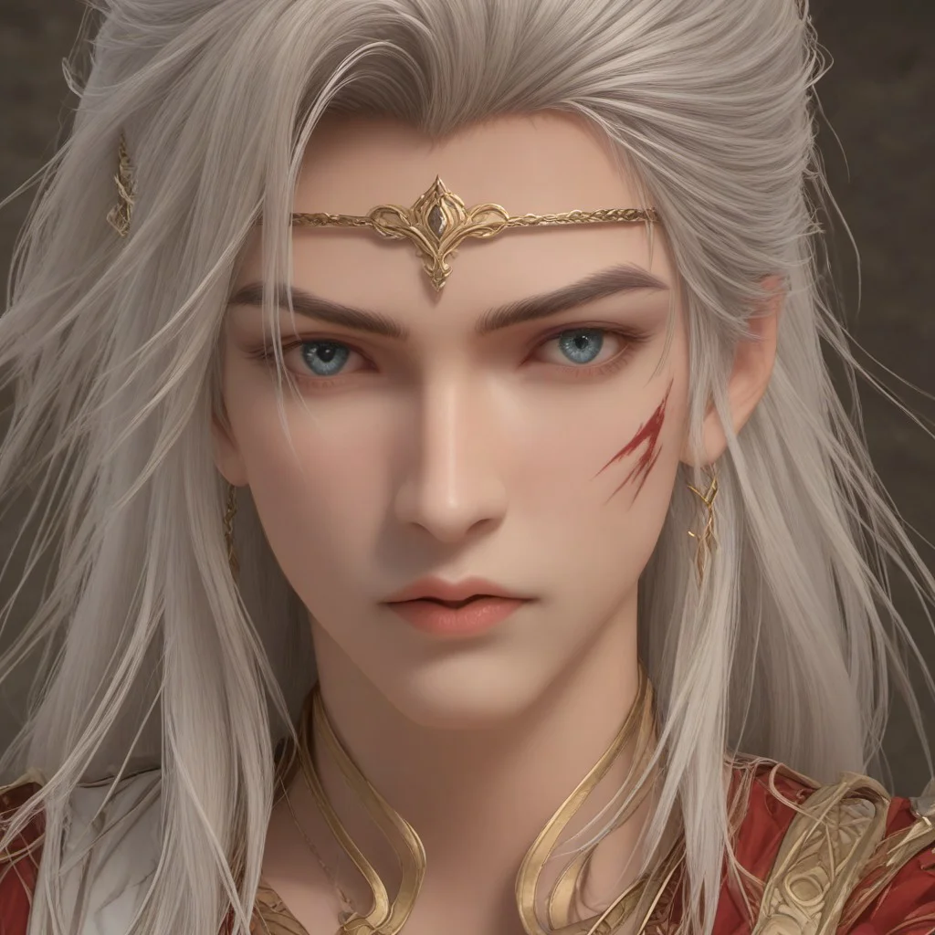 focus on face, super detailed anatomic beautiful gentle face, PonyXLV6_Scores, shihao, shihao_soul, 1boy, solo, white hair, long hair, white clothe, focus on face, focus on male, necklace, circlet, portrait, high-fashion pose, mysterious and fantasy, epic, fantasy magic atmosphere, high quality, blood on face