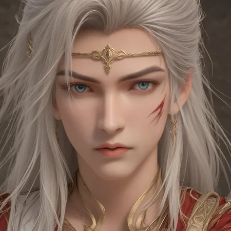 focus on face, super detailed anatomic beautiful gentle face, PonyXLV6_Scores, shihao, shihao_soul, 1boy, solo, white hair, long hair, white clothe, focus on face, focus on male, necklace, circlet, portrait, high-fashion pose, mysterious and fantasy, epic, fantasy magic atmosphere, high quality, blood on face