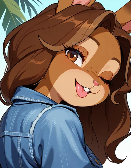 masterpiece, best quality, very aesthetic, absurdres,
outdoors,
upper body, looking back, face focus, denim jacket, head tilt, tongue out, one eye closed, 
seductive smile, parted lips, long eyelashes,
<lora:Brianna_v01_NAIXL:1>
Br1anna,1girl,solo,furry,furry female, rabbit girl, brown hair, long hair, rabbit ears, brown eyes, animal nose, buck teeth, body fur, brown fur,