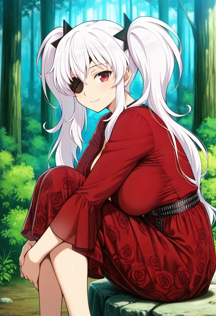 medium depth of field, rule of thirds, masterpiece-level, clean lines, sharp, focused subject, minimalistic composition, masterpiece, amazing quality, best quality, anime screencap, detailed face, detailed eyes, detailed outfit, face focus,
general,highres, ultra-detailed,very aesthetic,best quality ,best hands, perfect anatomy,detailed,
BREAK 1girl, solo, Yagyū,white hair, long_twintails, red eyes,hair ornaments, eyepatch,
red v-neck belt rose print chiffon dress,
from front, from side, cowboy shot,
sitting, hugging own legs, knees arms support, happy, light smile, looking at viewer,
(Forest, woods, trees, rocks, bushes, mountains,),