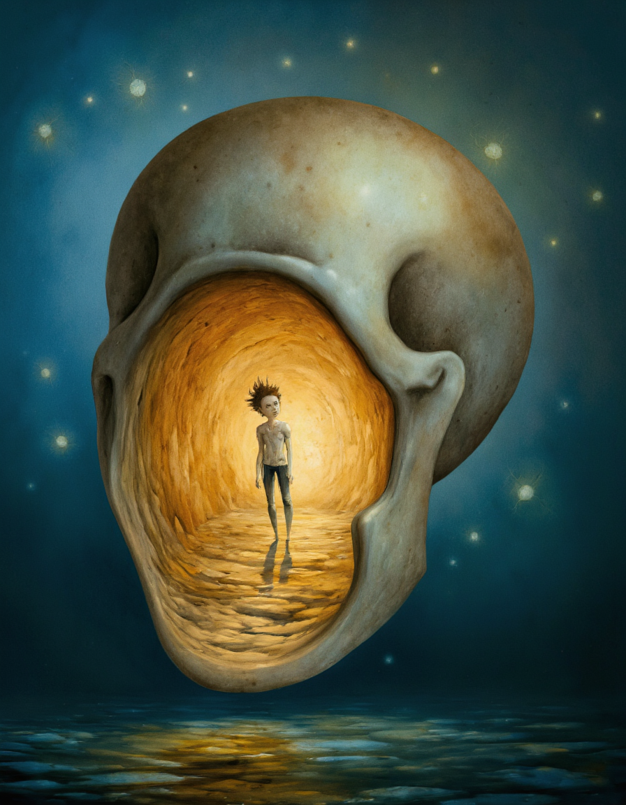  <lora:{surreal, }Surreal:0.85> surreal, A surreal and dreamlike painting depicting a miniature human figure standing inside the hollow of a larger human head, with the inner walls of the skull serving as the miniature figure's environment. The miniature human, with a slender build and pale skin, has short, spiky brown hair and expressive green eyes, wearing a simple white shirt and black pants, and is positioned in a contemplative pose, looking upwards towards the top of the skull. The larger human head, with a realistic skin texture and subtle pores, has a calm and serene expression, with closed eyes and a slight, enigmatic smile. The lighting is soft and ethereal, with a warm, golden glow emanating from within the skull, casting intricate shadows on the inner surfaces of the head and highlighting the miniature figure's form. The background of the painting is a deep, rich blue, representing the unknown depths of the human mind, with subtle, swirling patterns that evoke a sense of mystery and wonder. The miniature human is surrounded by surreal and symbolic objects, such as floating thoughts and emotions, represented as delicate, translucent orbs that drift through the air. The shot is a close-up, with a shallow depth of field, focusing sharply on the miniature human and the inner surfaces of the skull, while softly blurring the background. The overall mood is one of introspective curiosity and psychedelic exploration, with a hint of melancholy and self-discovery. The image features a mix of realistic and stylized elements, blending detailed textures and subtle color gradients with bold, expressive brushstrokes and vibrant, surreal colors. 8k highest resolution with sharp intricate details. . 35mm photograph, film, bokeh, professional, 4k, highly detailed