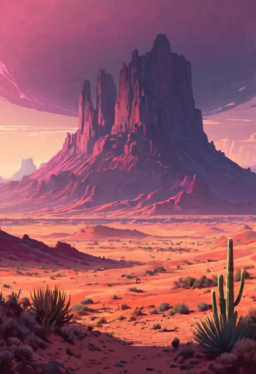 western theme, desert landscape, desert biome, far future, post apocalyptic, realistic, by Alena Aenami and [James Gilleard|Mark Lovett] in the style of [Shahab Alizadeh:Thomas Kinkade:0.25], OverallDetailXL