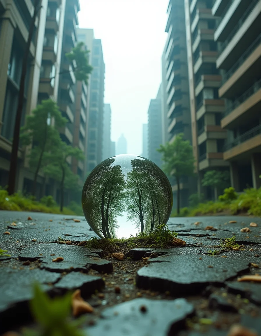 cinematic photo a post apocalyptic city,fallen skyscrapers, (windows are all broken:1.7), rusted rebar sticks from the fallen towers
everything is overgrown with moss and grass
trees are breaking through the cracked and broken tarmac of the roads, trees in the middle of the streets
worms eye view through a glass ball lying on the road, 35mm photograph, film, professional, 4k, highly detailed