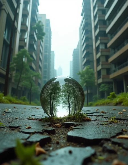 cinematic photo a post apocalyptic city,fallen skyscrapers, (windows are all broken:1.7), rusted rebar sticks from the fallen towers
everything is overgrown with moss and grass
trees are breaking through the cracked and broken tarmac of the roads, trees in the middle of the streets
worms eye view through a glass ball lying on the road, 35mm photograph, film, professional, 4k, highly detailed